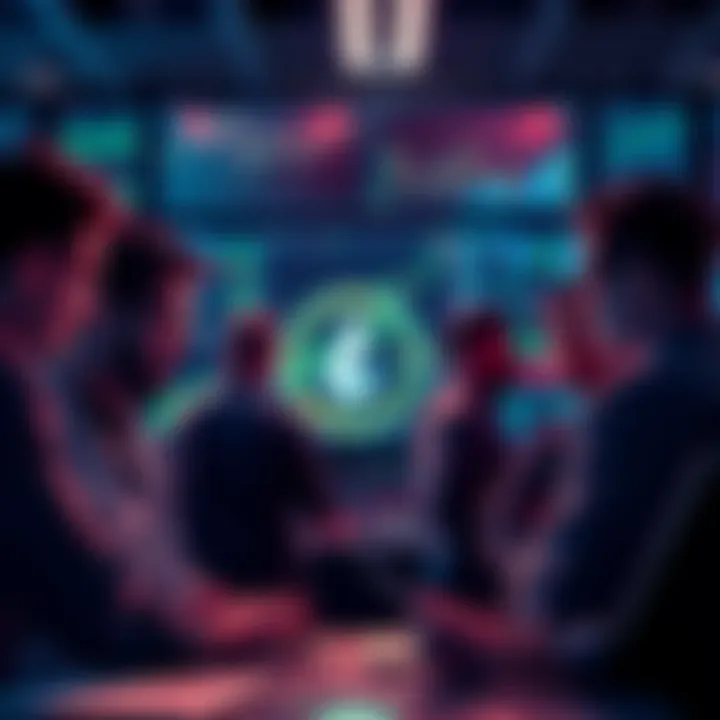Group of traders discussing Litecoin strategies with charts and graphs on a screen