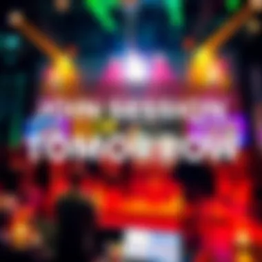 A vibrant announcement graphic for a live session with text about updates, auctions, and surprises happening tomorrow.