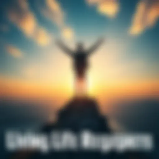 A person standing on a mountain top with arms raised, embracing freedom and joy, representing a life without regrets.
