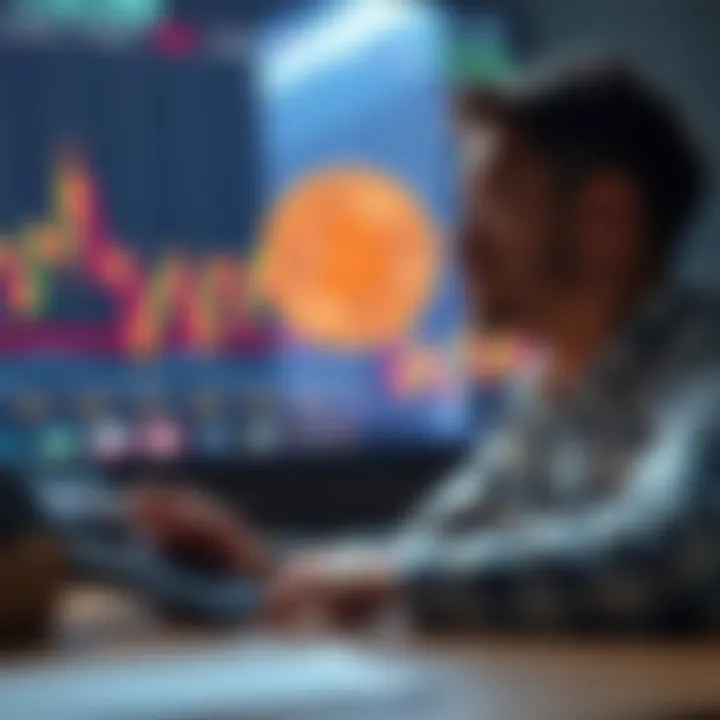 A person considering a loan with Bitcoin charts in the background and a calculator on the table