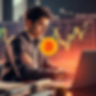 A person considering taking a loan while looking at Bitcoin charts on a laptop, with money in the background.