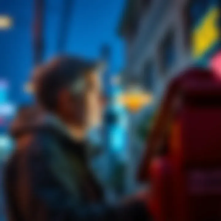 A concerned local resident looks at a Helium hotspot device, noting unusual patterns and rewards on a nearby screen.