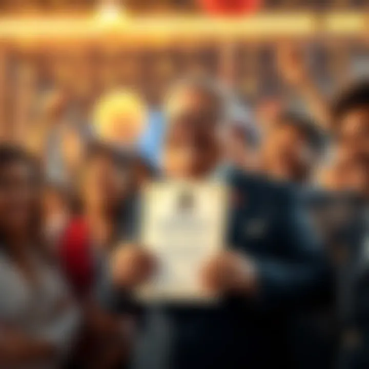 Local governor smiling and holding a document representing the first parcel purchase, surrounded by supporters in a festive atmosphere.