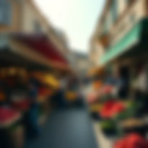 A bustling local market in Nice filled with fresh fruits, vegetables, and local delicacies, showcasing the culinary culture of the city.