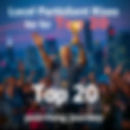 A local participant joyfully holds a trophy while standing in front of a cheering crowd, showing excitement after ranking in the top 20. The backdrop features a city skyline, symbolizing their community.