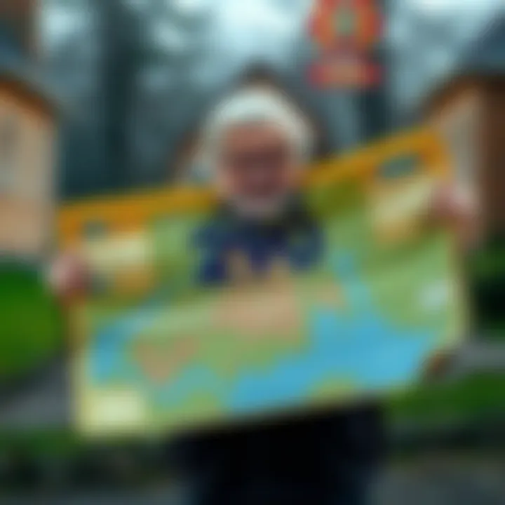 Local resident with a map of plots A local resident proudly displays a map showing 290 parcels of land they own, highlighting their achievement in the town rankings.