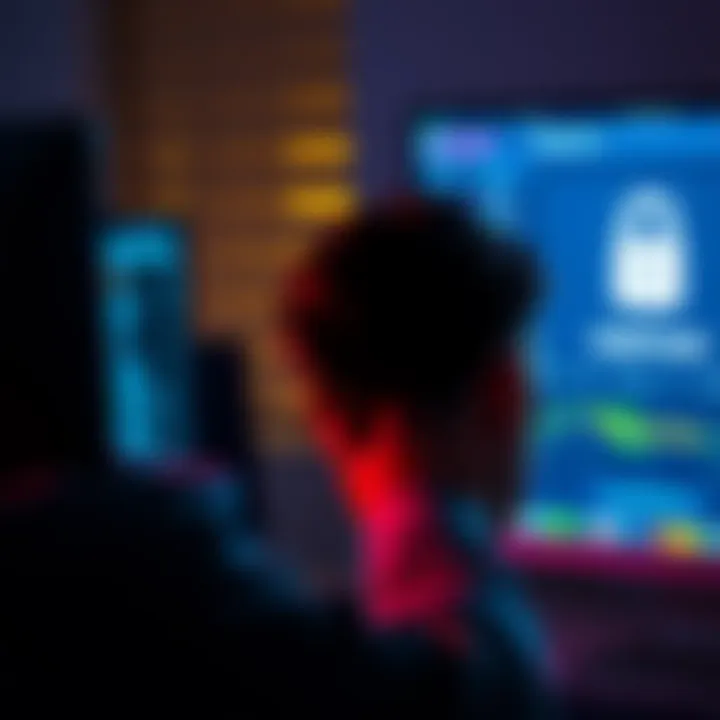 A frustrated person looking at a computer screen showing an account with a lock icon, indicating funds are unavailable