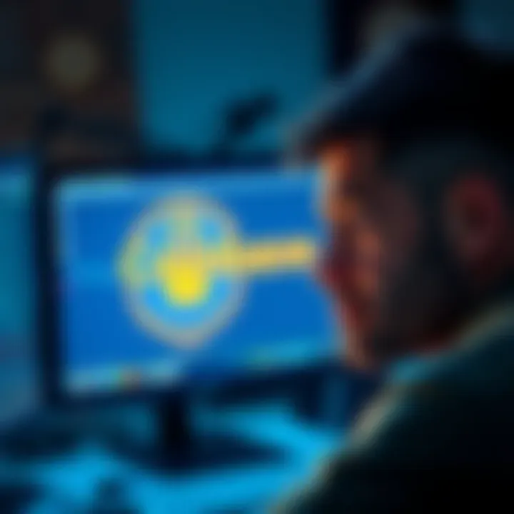 A frustrated person looking at a locked computer screen displaying Coinbase, with a worried expression.