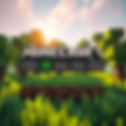 A colorful logo built in Minecraft with pixelated blocks, surrounded by trees and grass in a game setting.