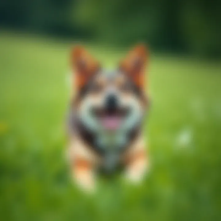 A joyful dog named Loken, with a playful expression, running in a green field, showcasing his silly antics and charm.