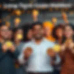 A group of diverse people smiling and holding crypto coins, symbolizing their loyalty and commitment to long-term investments in cryptocurrency.
