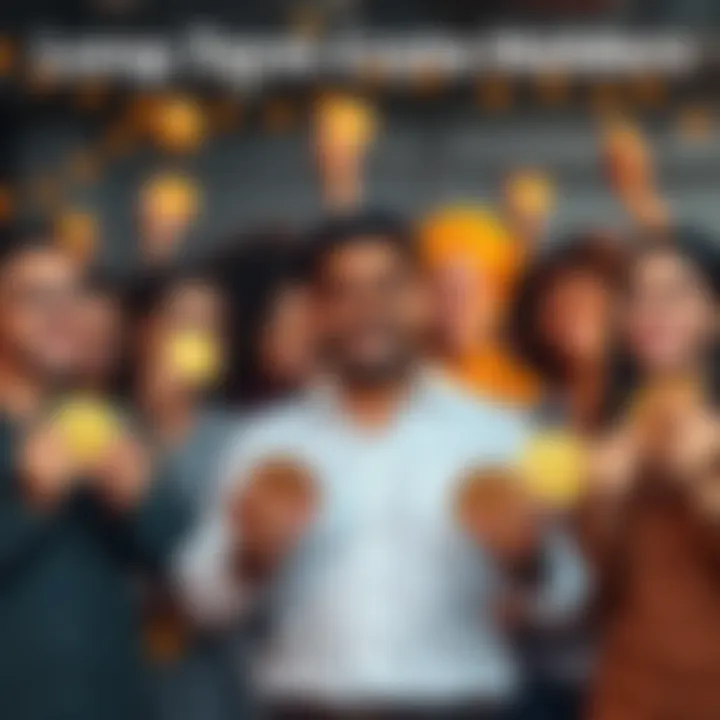 A group of diverse people smiling and holding crypto coins, symbolizing their loyalty and commitment to long-term investments in cryptocurrency.