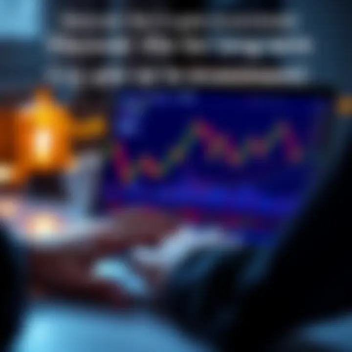 A person analyzing cryptocurrency charts on a laptop with graphs and digital coins displayed