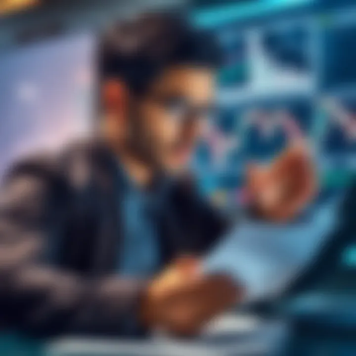 A determined investor analyzing long-term charts with focus and clarity