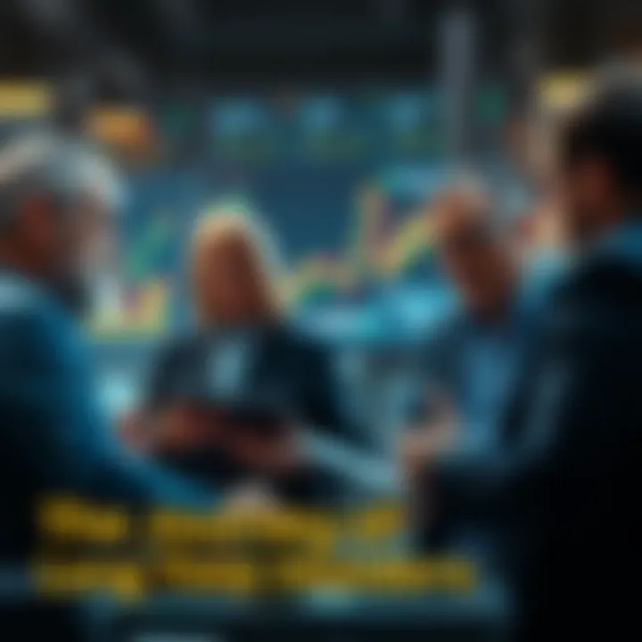 Long Time Investors Analyzing Market Trends A group of seasoned investors discussing strategies with charts in the background, showcasing their approach to long-term investments.