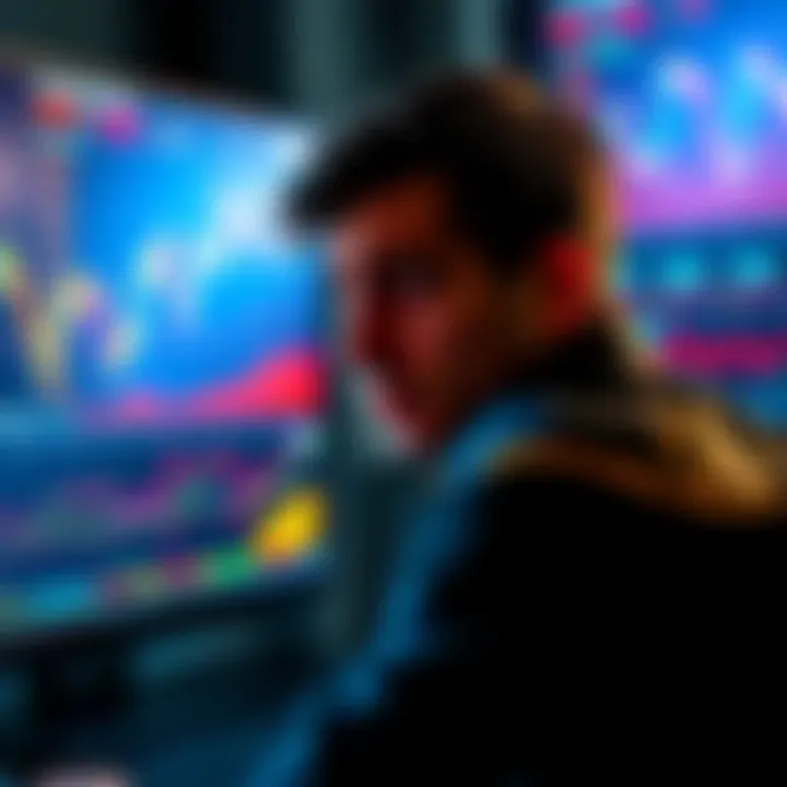 A person looking worried at a screen displaying falling Dogecoin prices, surrounded by graphs and charts representing their losses