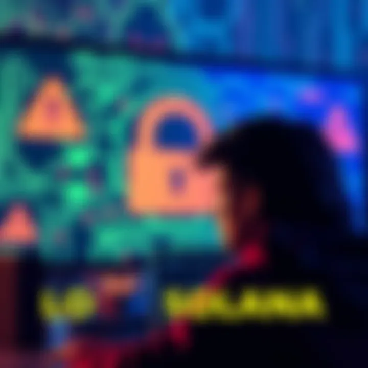 A visual representation of a person looking worried while viewing a cryptocurrency wallet on a screen, with a background showing a digital lock and warning signs, symbolizing hacking concerns.