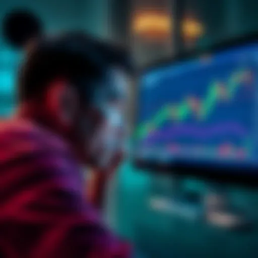 A person looking disappointed while staring at a computer screen displaying a financial chart, symbolizing the lost investment in Rentberry ICO.