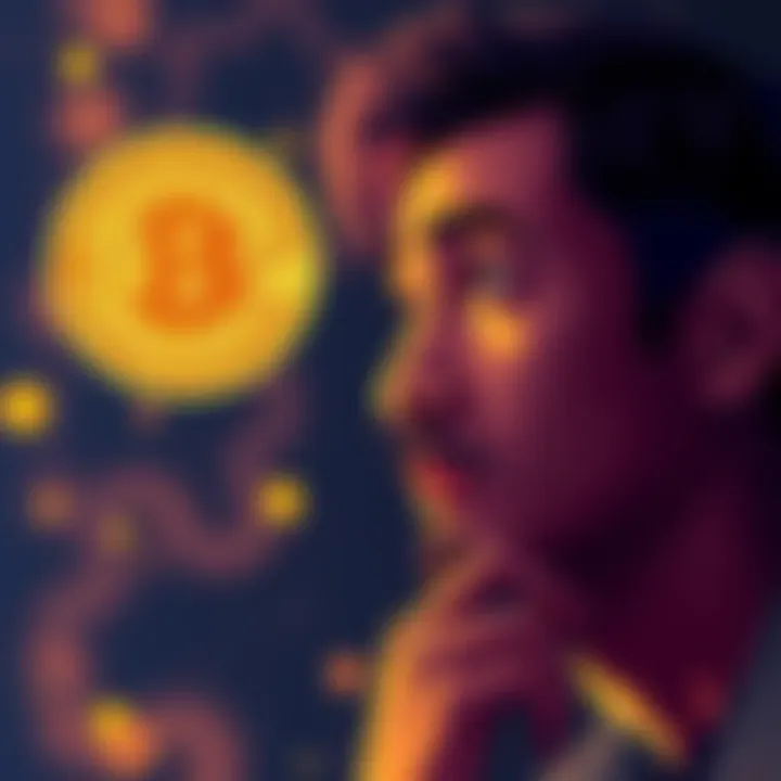 Lost Wallet Keys A thoughtful person looking at a Bitcoin logo with a puzzled expression, symbolizing the confusion about Satoshi Nakamoto's lost wallet keys.