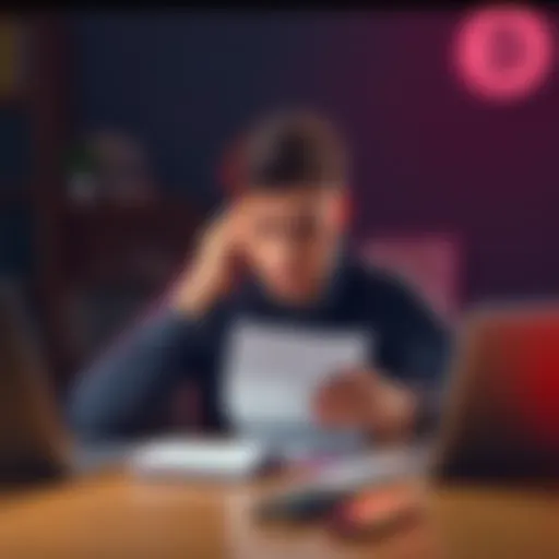A person sits at a desk, looking stressed while holding a piece of paper, symbolizing the loss of a wallet passphrase for cryptocurrency access.