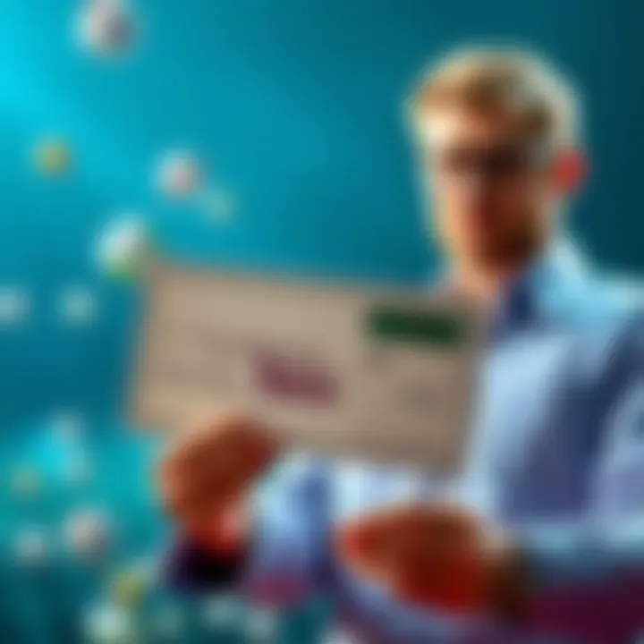 Tax burden on lottery winnings A lottery winner holding a check for five million dollars with a calculator showing high tax deductions.