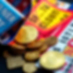 A close-up of colorful lottery tickets and shiny coins on a table, symbolizing traditional gambling