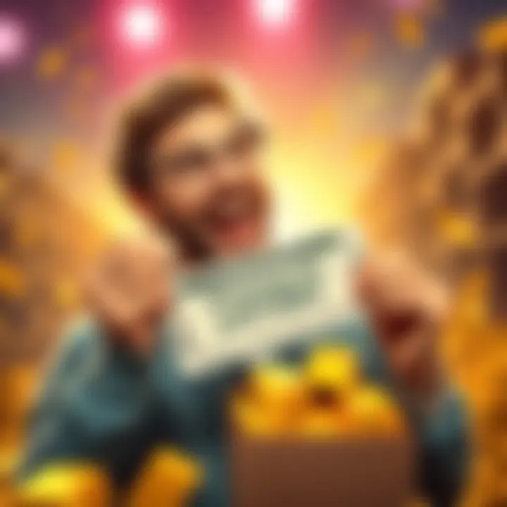 A happy person holding lottery ticket and gold bars, celebrating their win and investment success