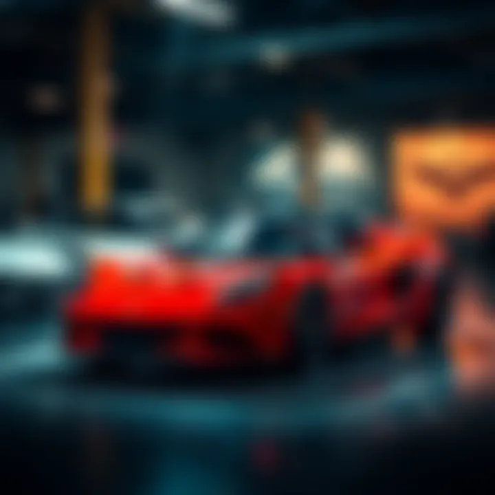 A bright red Lotus 3-Eleven sports car displayed prominently, surrounded by a blurred background of a car collection, emphasizing its unique status.