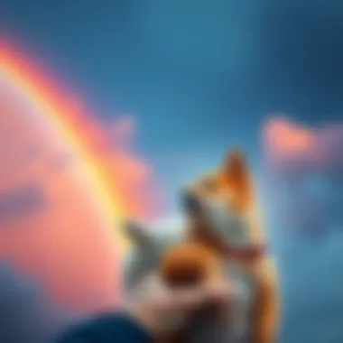 A person holding a small pet with a rainbow in the background, symbolizing love and remembrance.