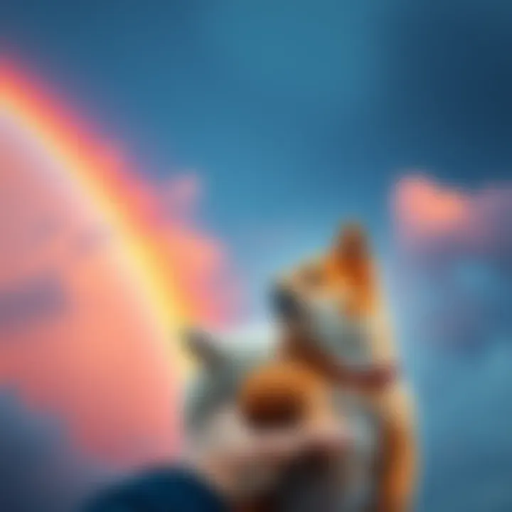 A person holding a small pet with a rainbow in the background, symbolizing love and remembrance.