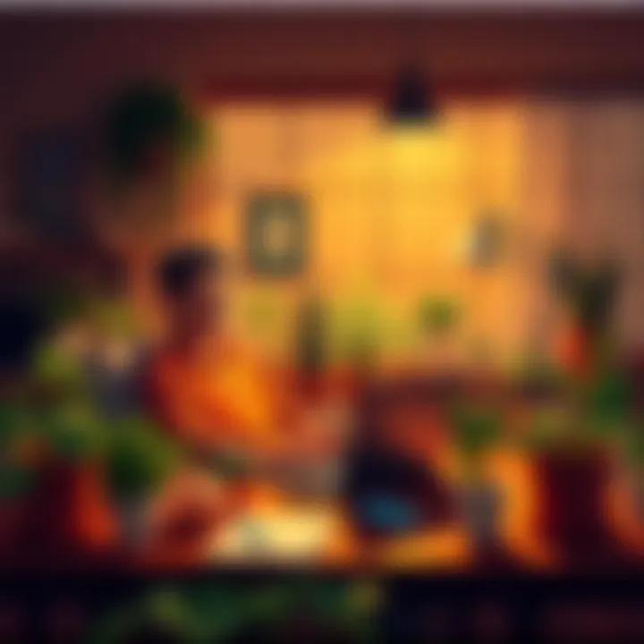 A person relaxed at a desk with a laptop, exploring a simple yield farming method, surrounded by plants and a cozy atmosphere.
