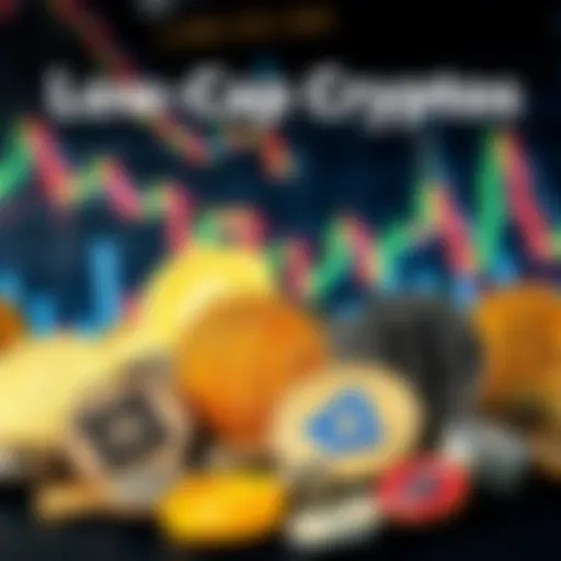 A collection of different low-cap cryptocurrency symbols with a background of market charts and coins, depicting investment trends