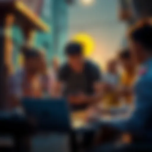 A person setting up a bitcoin node with a laptop and wallet, surrounded by local community members discussing bitcoin payments.