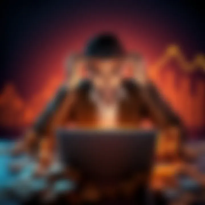 Person looking frustrated with low Honeygain earnings on a laptop, surrounded by coins and graphs showing decline.