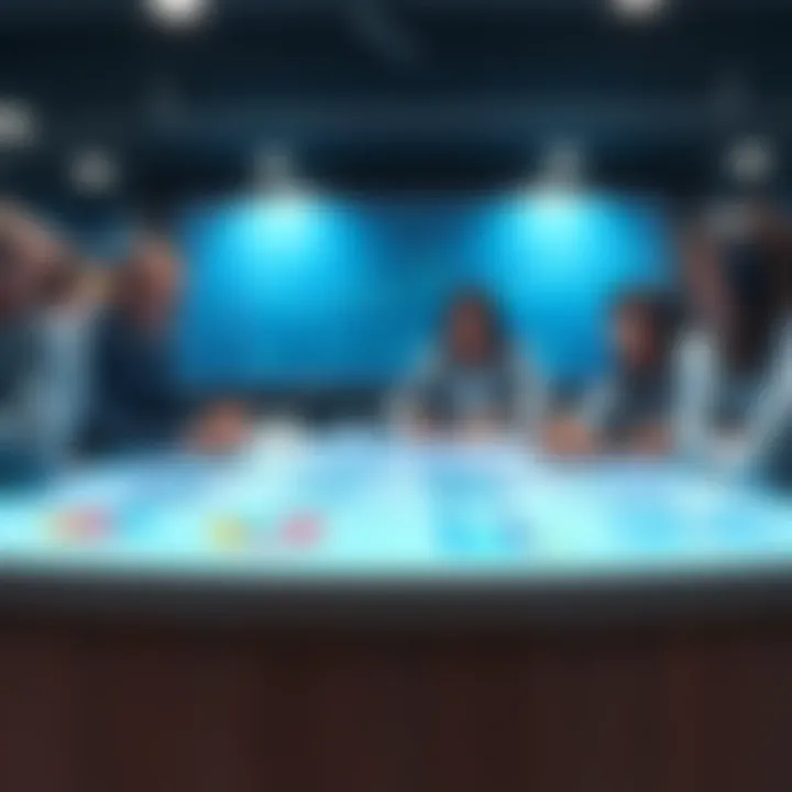 A group of low hash rate miners discussing mining pool preferences with charts and graphs on a table.