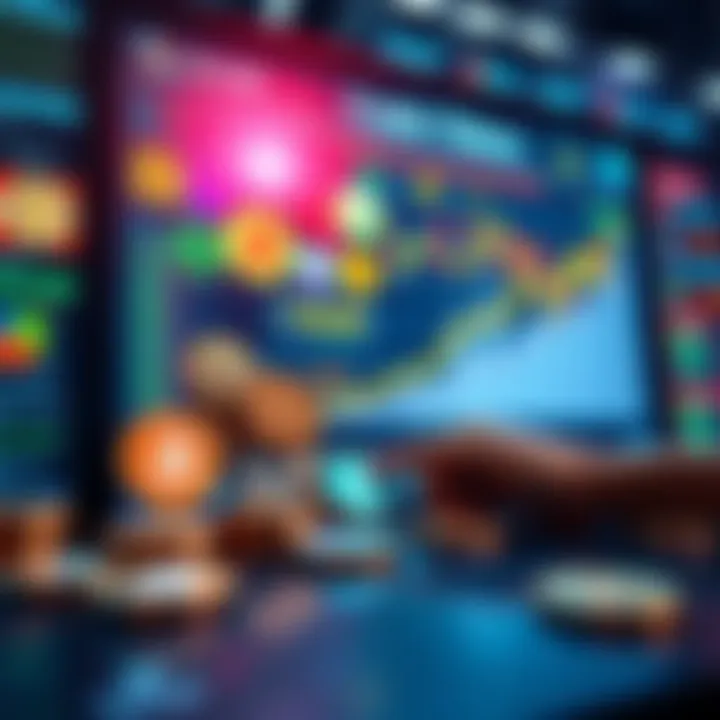 A collection of various crypto tokens displayed on a digital screen with a graph showing rising trends, indicating investment opportunities for beginners.