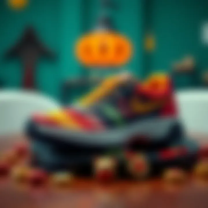 A close-up of a colorful luck shoe placed on a table, surrounded by small lucky charms.