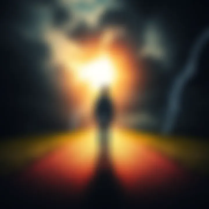 A person standing at a crossroads, one path bright and sunny symbolizing good fortune, and the other dark and stormy representing misfortune.