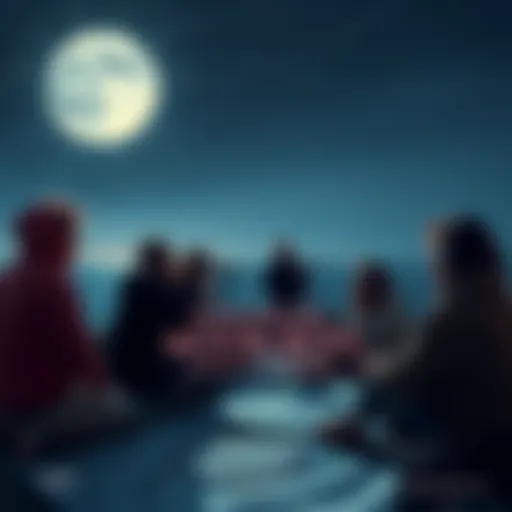 A group of lunar enthusiasts discussing their passion for the moon under a starry sky, surrounded by telescopes and moon maps.