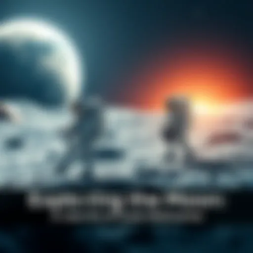 Astronauts working on the Moon's surface with a backdrop of Earth in the sky