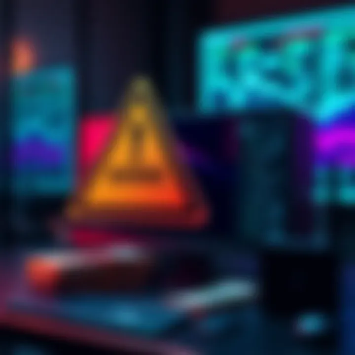 Graphic showing a warning sign with dollar bills and a computer, representing scams on Lupebitex.com