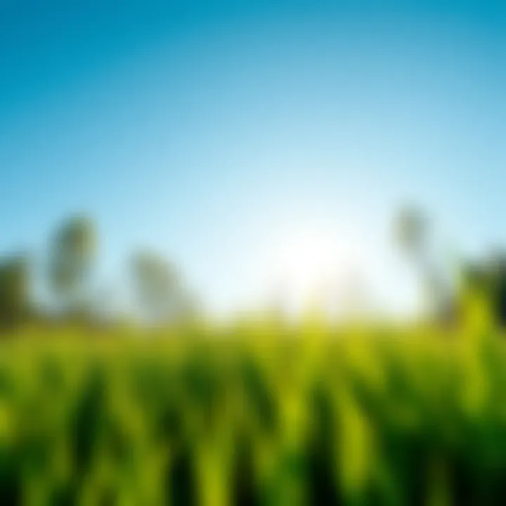 A vibrant scene of fresh green grass and tall trees under a clear blue sky, capturing the essence of a peaceful nature moment after a week away.