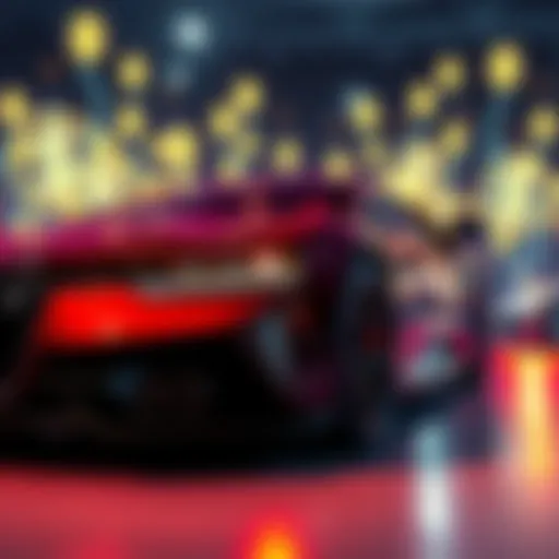 A shiny luxury sports car surrounded by digital blockchain symbols representing financial growth and community support.
