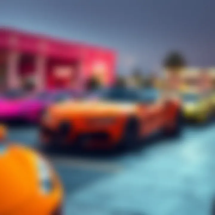A collection of luxury cars in bright colors parked together, symbolizing dreams of owning a lambo