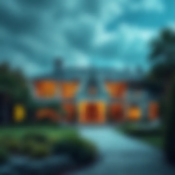 A luxury home surrounded by greenery with a digital currency symbol overlay, representing the rise of crypto in real estate.