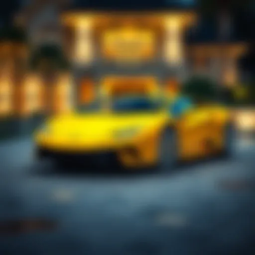 A bright yellow Lamborghini parked outside a luxurious mansion, showcasing wealth and luxury lifestyle.