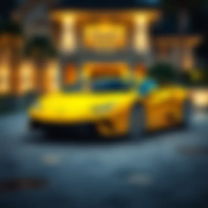 A bright yellow Lamborghini parked outside a luxurious mansion, showcasing wealth and luxury lifestyle.