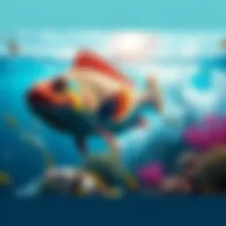 MACKE, a colorful fish, creates waves while swimming in the ocean, surrounded by marine life and vibrant coral reefs.