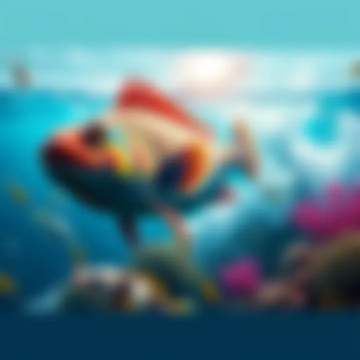 MACKE, a colorful fish, creates waves while swimming in the ocean, surrounded by marine life and vibrant coral reefs.