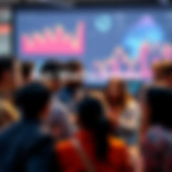 A diverse group of people discussing economic trends with charts and graphs in the background.